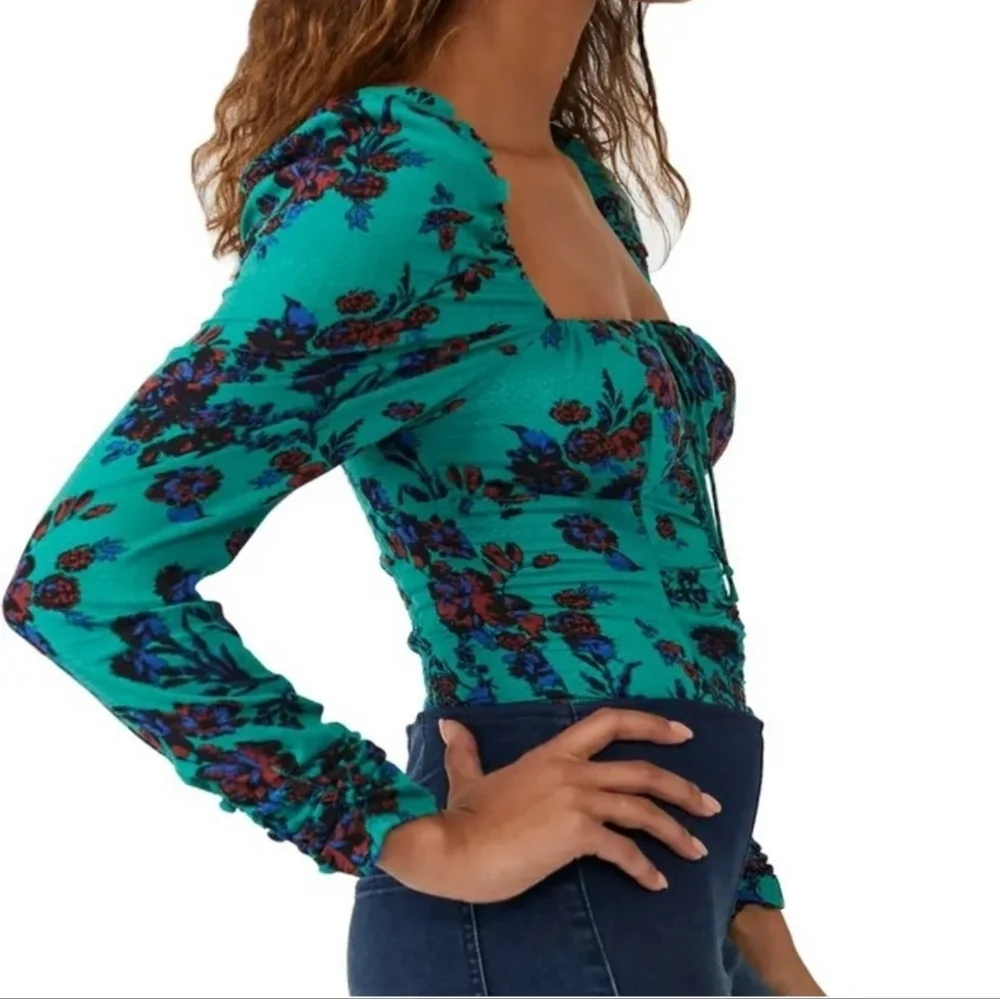 Free People Hilary Floral‎ Teal Long Sleeve Women's Top